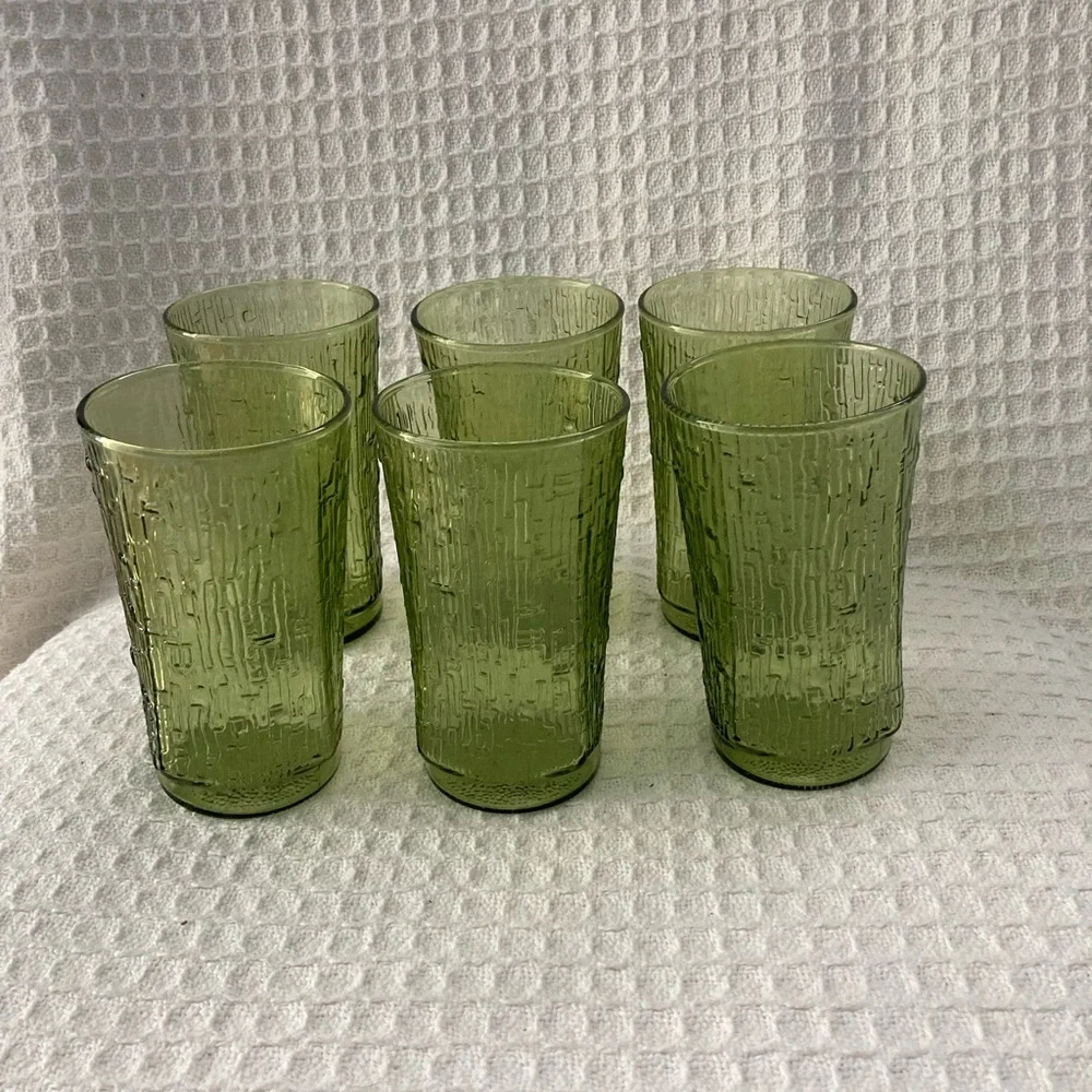 Vintage Anchor Hocking Avocado Green Pagoda Bamboo Pattern Glasses Set Of 6 12oz